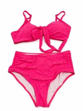 Women’s Neon Pink High Waisted Bikini Set Size Large Tie Front Swimwear